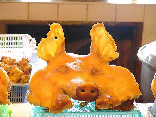 pig head - thailand, cooked meat, hears, meat market, meat shop, orange, pig head, pork, snout, transluscent