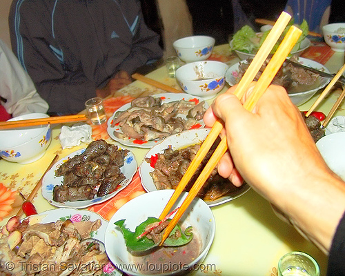 dog meat dinner - dipping a bit in sauce - thịt ch&oacute; - vietnam
