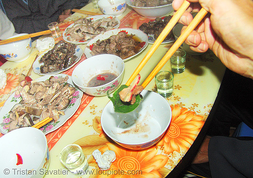 dog meat dinner - eating a bit in a leaf - thịt chó - vietnam, chopsticks, cooked dog, dinner, dish, dog meat, food dog