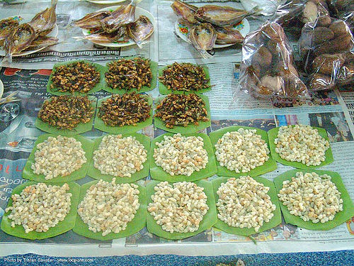 ant eggs and insects at street market, edible bugs, edible insects, entomophagy, food, giant ant eggs, larva, larvae, street seller, worms