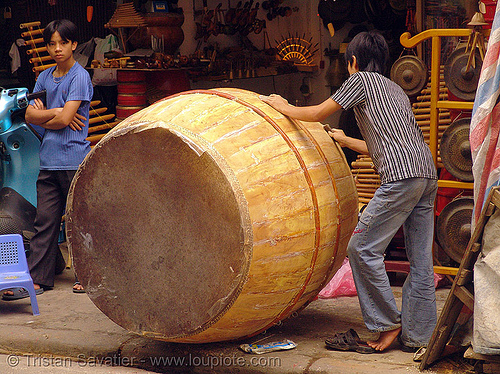 big drum - vietnam, big drum, giant drum, hanoi, men, music, musical instrument, percussion, shop, store