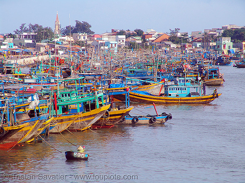fishing trawlers moored in phan thiet harbor - vietnam, colorful, fishing boats, fishing trawlers, harbor, moored, mooring, phan thiet, sea