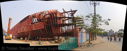 hải phòng (hai phong) shipyard - vietnam, boat, construction, hai phong shipyard, hull, hải phòng, panorama, photo stitching, red, ship building, ship frame, steel frame, steel plates