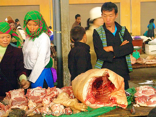 meat market - vietnam, asian woman, bacon, butcher, carcass, colorful, hill tribes, indigenous, man, meat market, meat shop, mèo vạc, pig, pork, raw meat