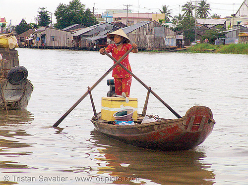 mekong river - floating market - standing - rowing boat - vietnam, boats, floating market, mekong river, standing rowing, woman