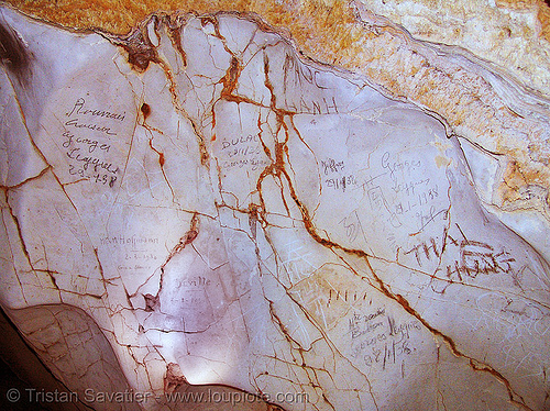 old graffiti from french sailors in cave on desert island - vietnam, cat ba island, caving, cát bà, georges leygues, graffiti, halong bay cave, natural cave, rock, spelunking