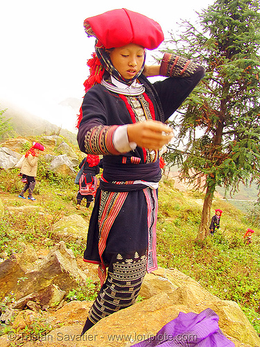 red dao tribe girl - vietnam, asian woman, asian women, colorful, dzao tribe, headdress, hill tribes, indigenous, necklace, red dao tribe, red hat, red zao tribe, yao tribe