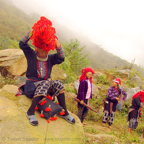 red dao tribe women on trail - vietnam, asian woman, asian women, colorful, dzao tribe, girls, headdress, hill tribes, indigenous, red dao tribe, red zao tribe, yao tribe