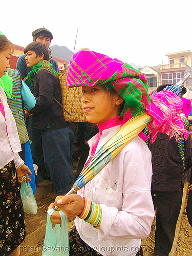 tribe girl with umbrella - vietnam, asian woman, colorful, gold teeth, headdress, hill tribes, indigenous, mèo vạc
