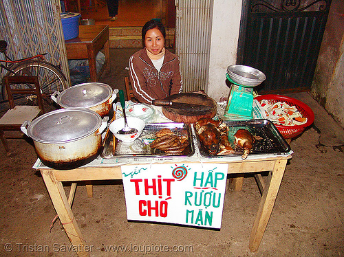 cooked dog meat food stall - thịt chó - Hấp Rượu Mận, butcher knife, carcass, cooked dog, cooked meat, cooking pots, food dog, lang sơn, scale, stall, street market, street seller, street vendor, table, vietnam, woman