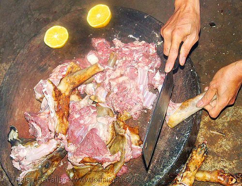 dog meat - deboning - thịt chó - vietnam, butcher knife, carcass, cleaver, dead dog, deboning, food dog, raw meat