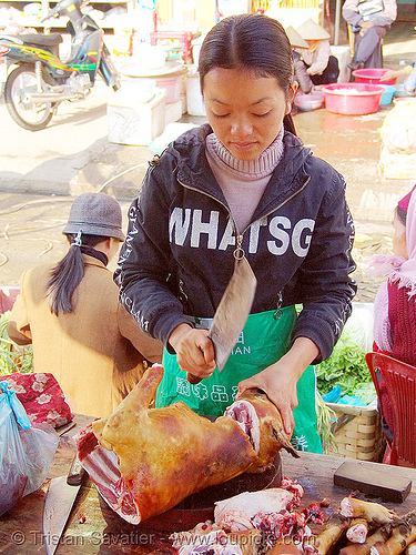 dog meat shop - thịt chó - vietnam, asian woman, asian women, butcher knife, carcass, cleaver, dead dog, food dog, lang sơn, meat market, merchant, paws, raw meat, street market, street seller, vendor